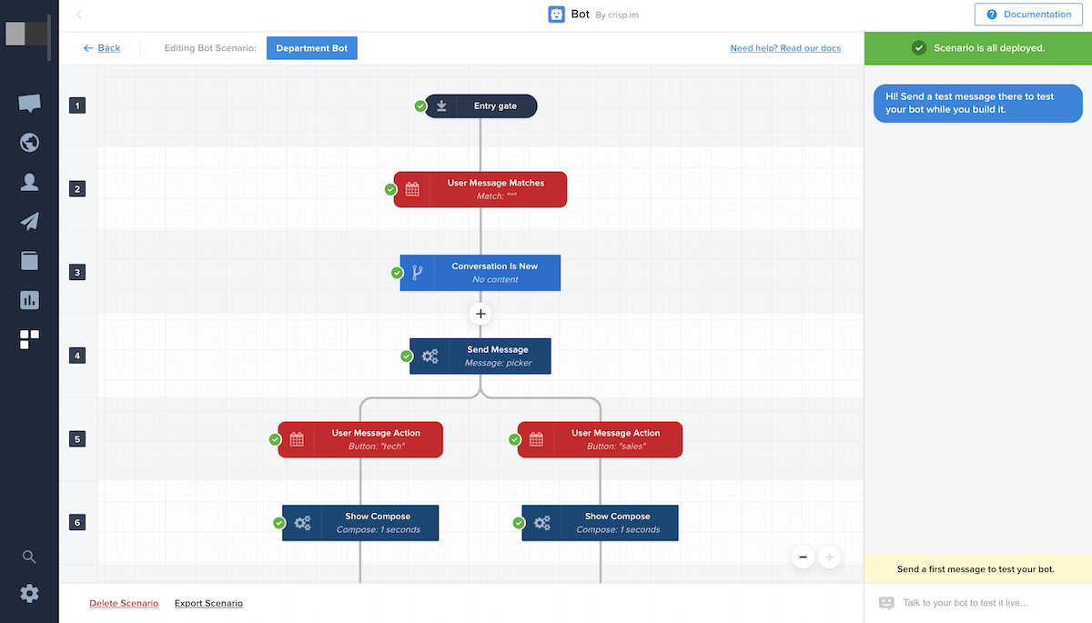 Tela de edição do construtor chatbot do Crisp.