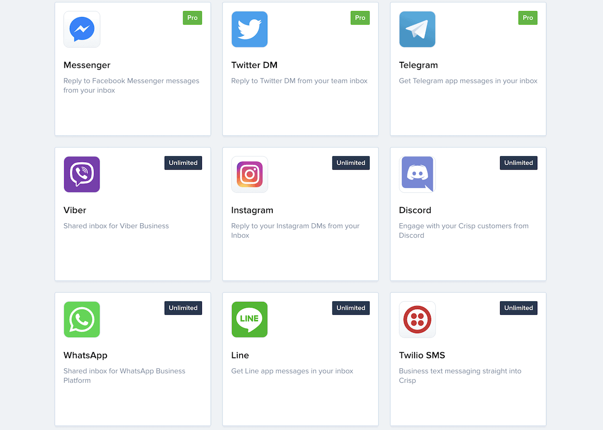 Une grille d'intégrations Crisp qui ajoute des canaux de médias sociaux à la boîte de réception partagée.