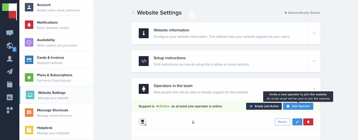 Layar Pengaturan Situs Web dalam Crisp menampilkan dialog untuk membuat Operator baru.