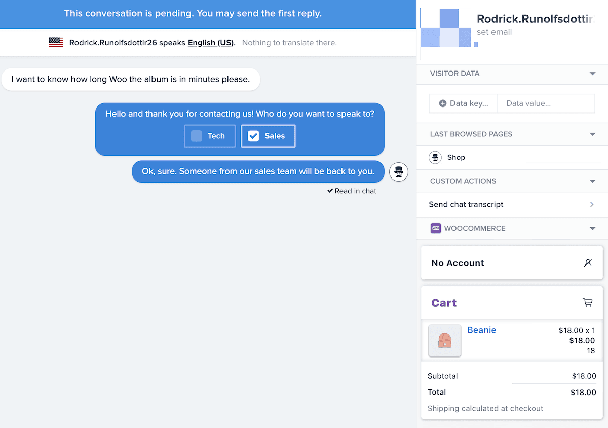 Crisp'te, bir sohbet kutusu kullanıcısının WooCommerce sepetindeki bir ürünü gösteren sağdaki müşteri bilgileri kenar çubuğu.