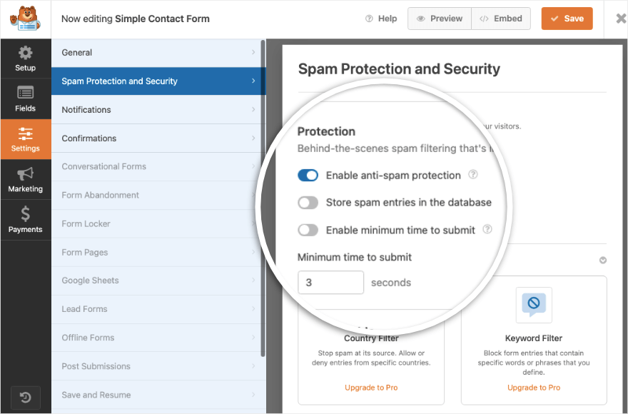 Spam și securitate în WPForms