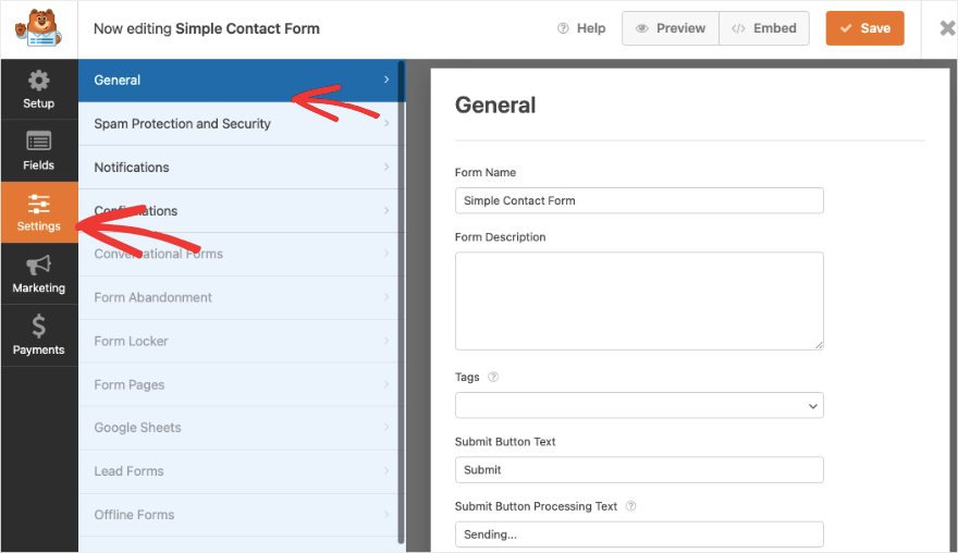 แท็บการตั้งค่าทั่วไปใน WPForms