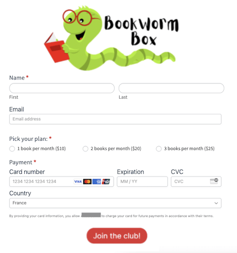 Beispiel für ein wiederkehrendes Zahlungsformular für ein monatliches Abonnement eines Buchclubs