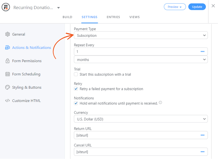 Uma imagem destacando a opção de ‘assinatura’ necessária para aceitar pagamentos online recorrentes