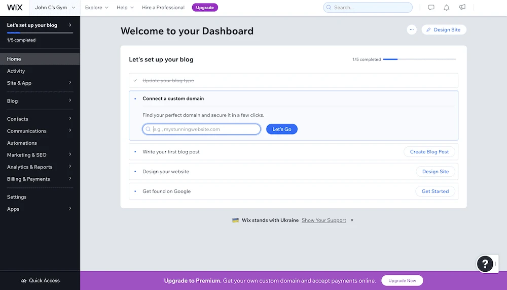 O painel Wix para comparação entre Bluehost e Wix.