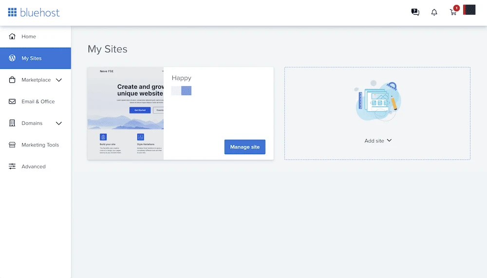 Tabloul de bord Bluehost pentru comparația Bluehost vs Wix.