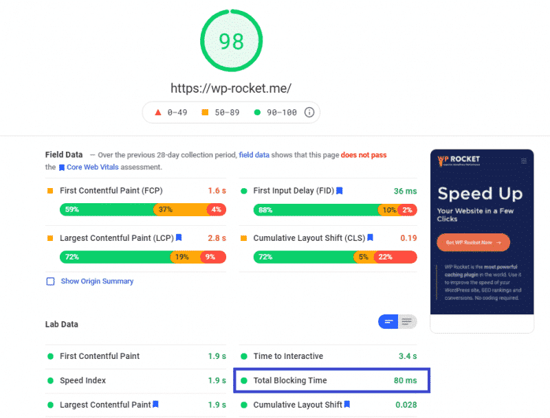 Eski bir PageSpeed ​​Insights test sonuçları sayfası.