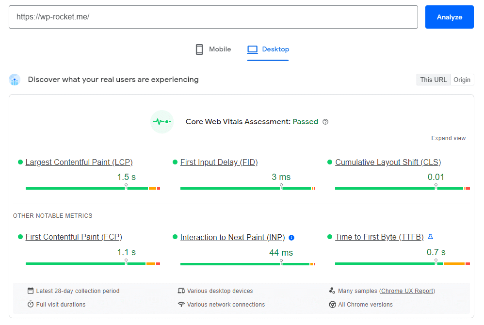 La page actuelle des résultats du test PageSpeed ​​Insights.