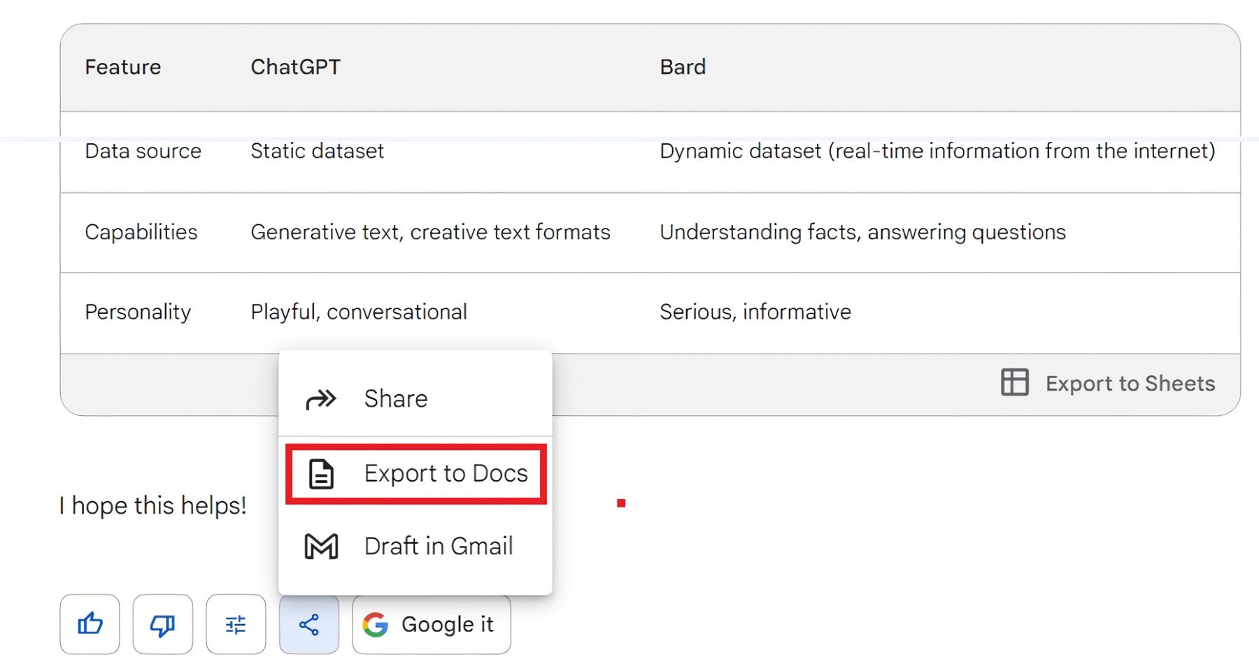 Bard AI-Exportinformationen in Dokumente