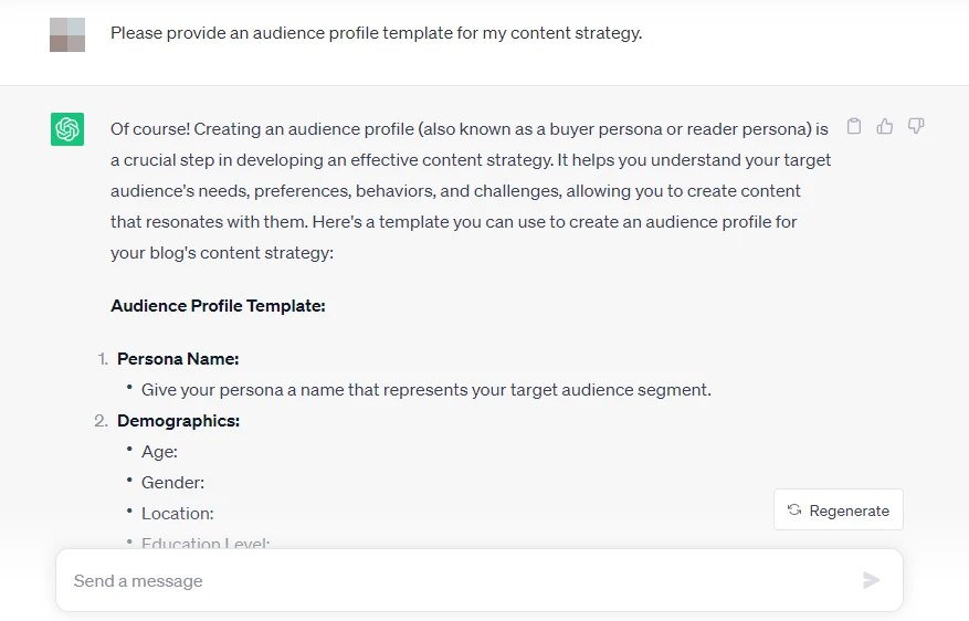 İçerik stratejisinin bir parçası olarak ChatGPT'den bir hedef kitle şablonu oluşturmasını istemek.