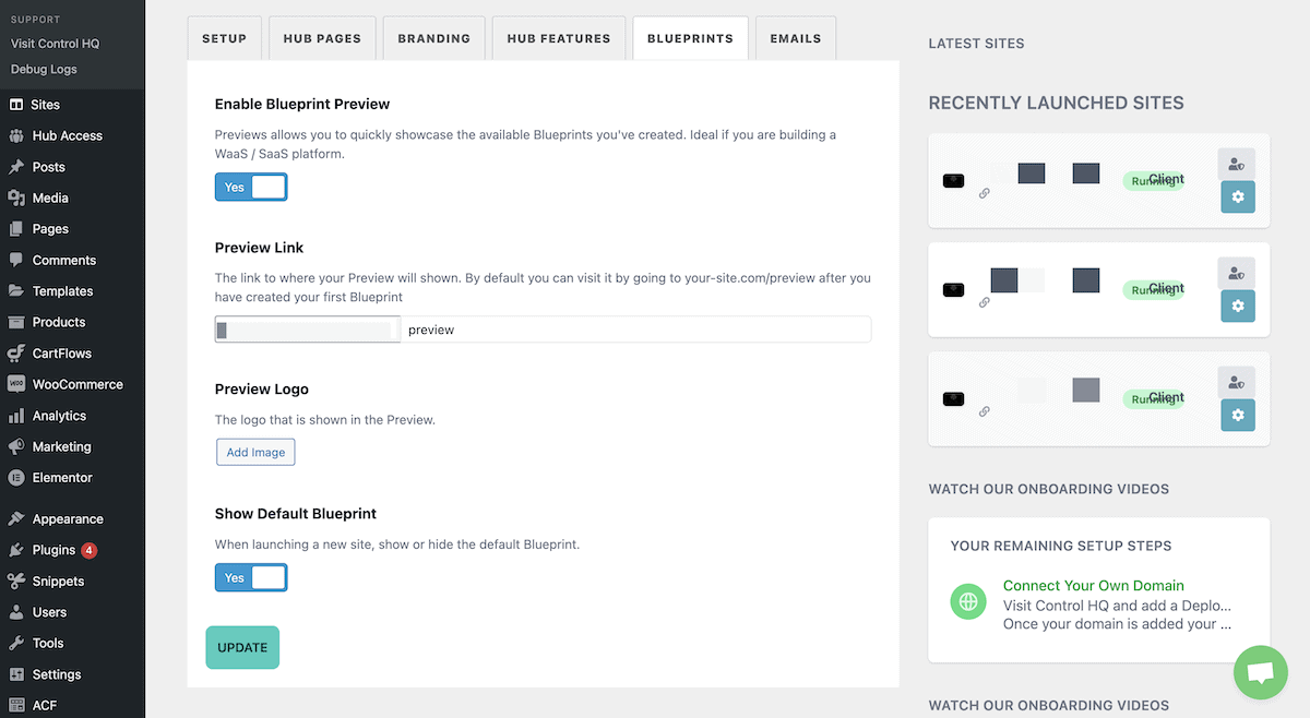 Les options pour personnaliser les Blueprints dans le tableau de bord WordPress à l'aide du plugin Dollie Hub Builder.