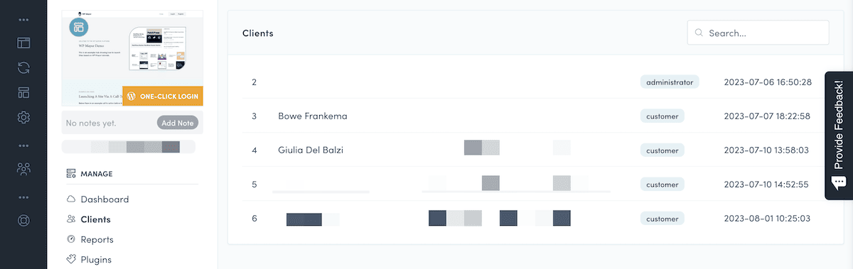 Il portale di gestione dei clienti all'interno della dashboard di Dollie.