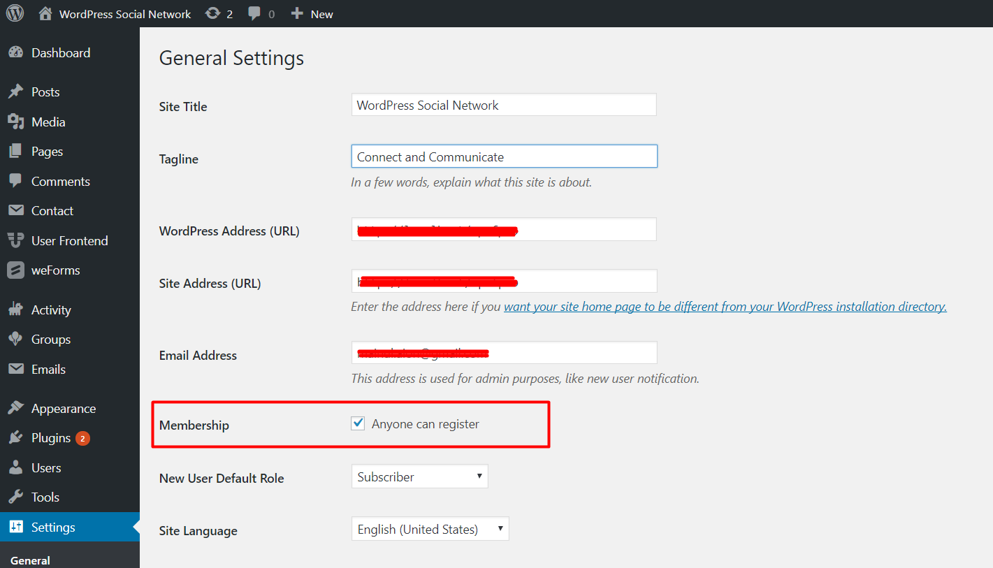 นี่คือภาพหน้าจอของการตั้งค่าสมาชิกของเว็บไซต์เครือข่ายสังคมออนไลน์ WordPress โดยใช้ BuddyPress