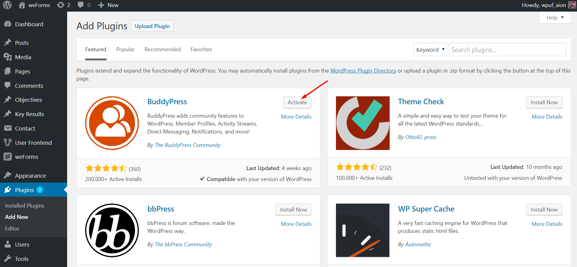 นี่คือภาพหน้าจอของการเปิดใช้งาน Buddypress จากแดชบอร์ด WordPress