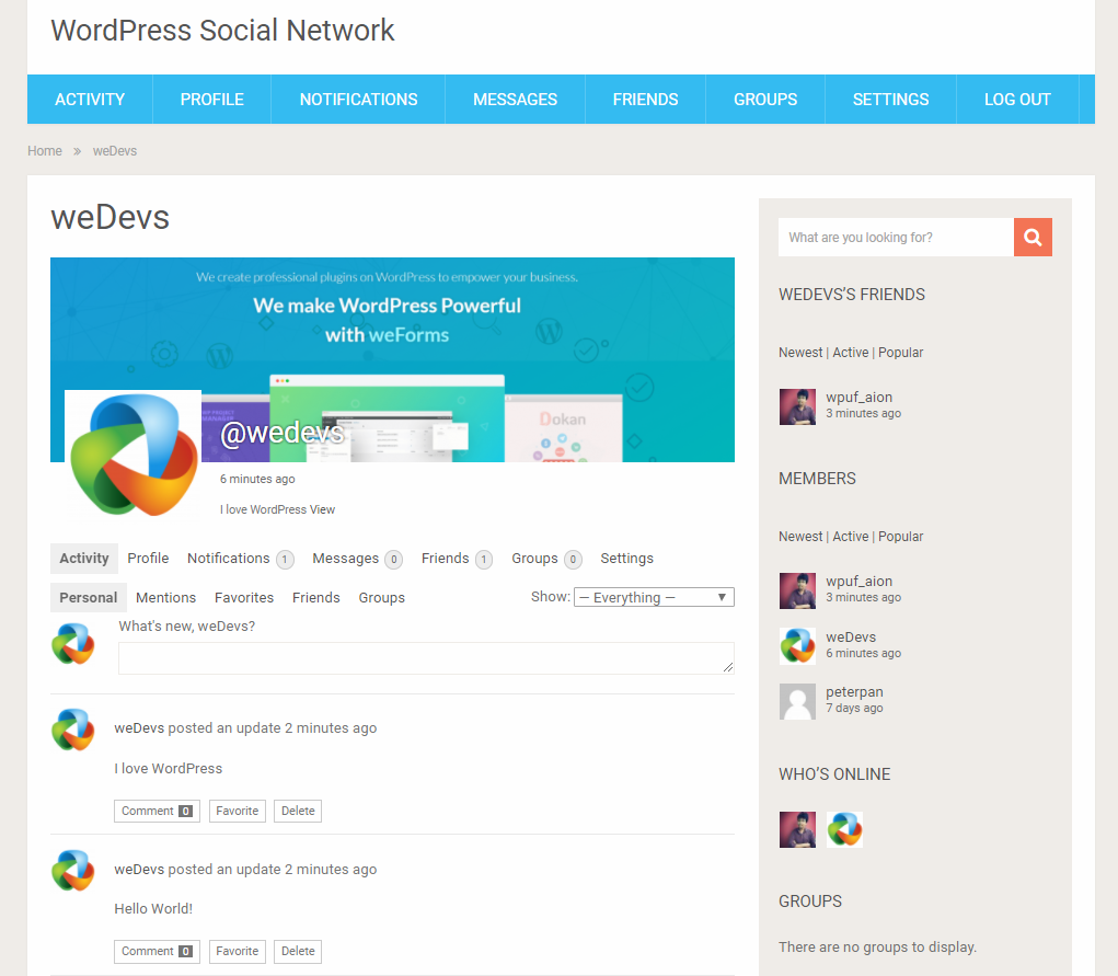 Dies ist ein Screenshot der WordPress Social Networking Site