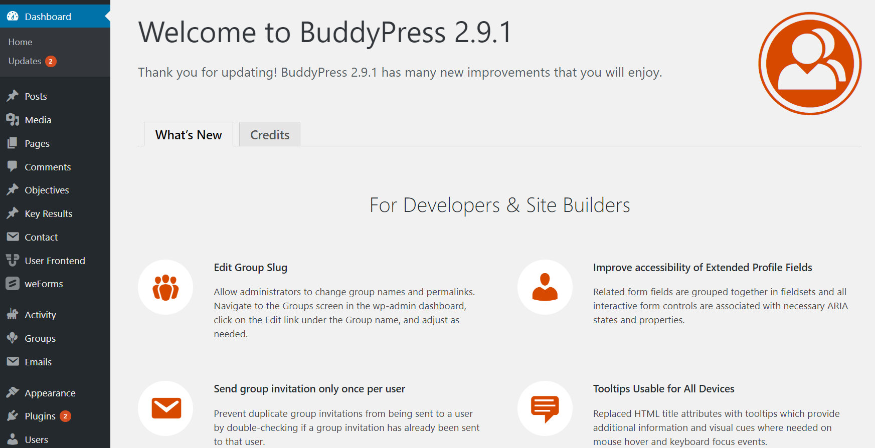 Esta é uma captura de tela da mensagem de boas-vindas do site de rede social Buddypress usando o BuddyPress