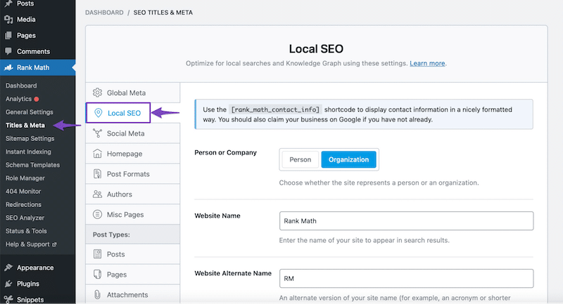 Registerkarte „Lokales SEO“ von Rank Math – Quelle: Rank Math