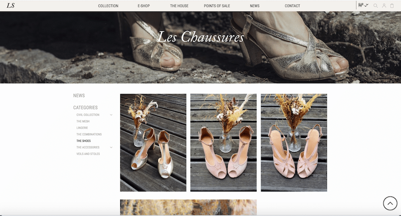 すべてのブライダル シューズを集めたカテゴリー ページの例 - 出典: lauredesagazan.fr