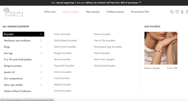 Esempio di categorie di Atelier de famille (gioielleria) che aiutano gli utenti a navigare - Fonte: Atelierdefamille