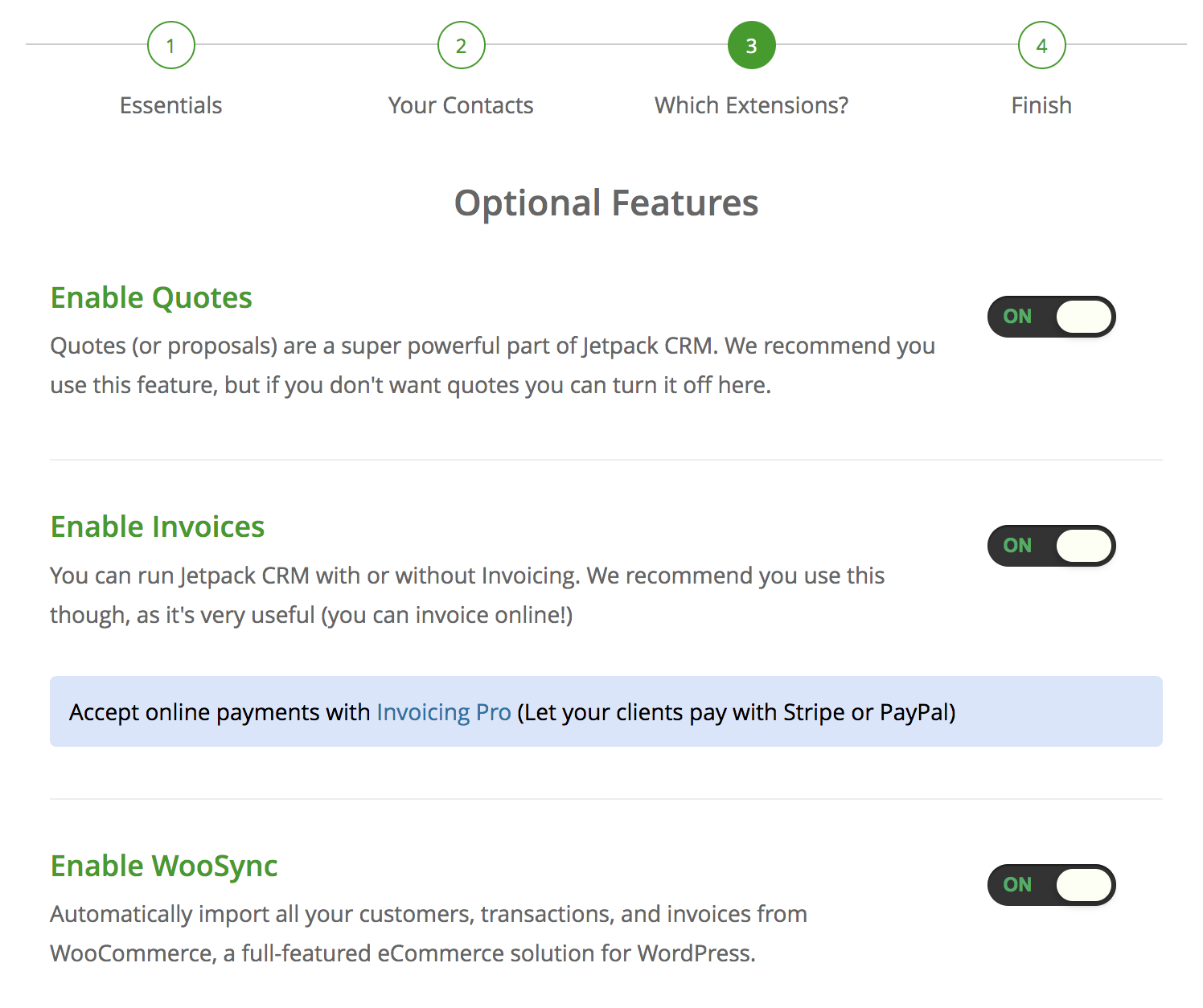 características opcionales en Jetpack CRM