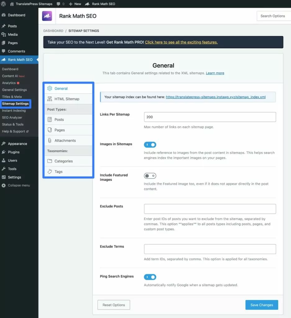 Optionen für die Rank Math-Sitemap