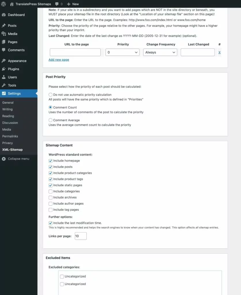 Options du plan de site XML