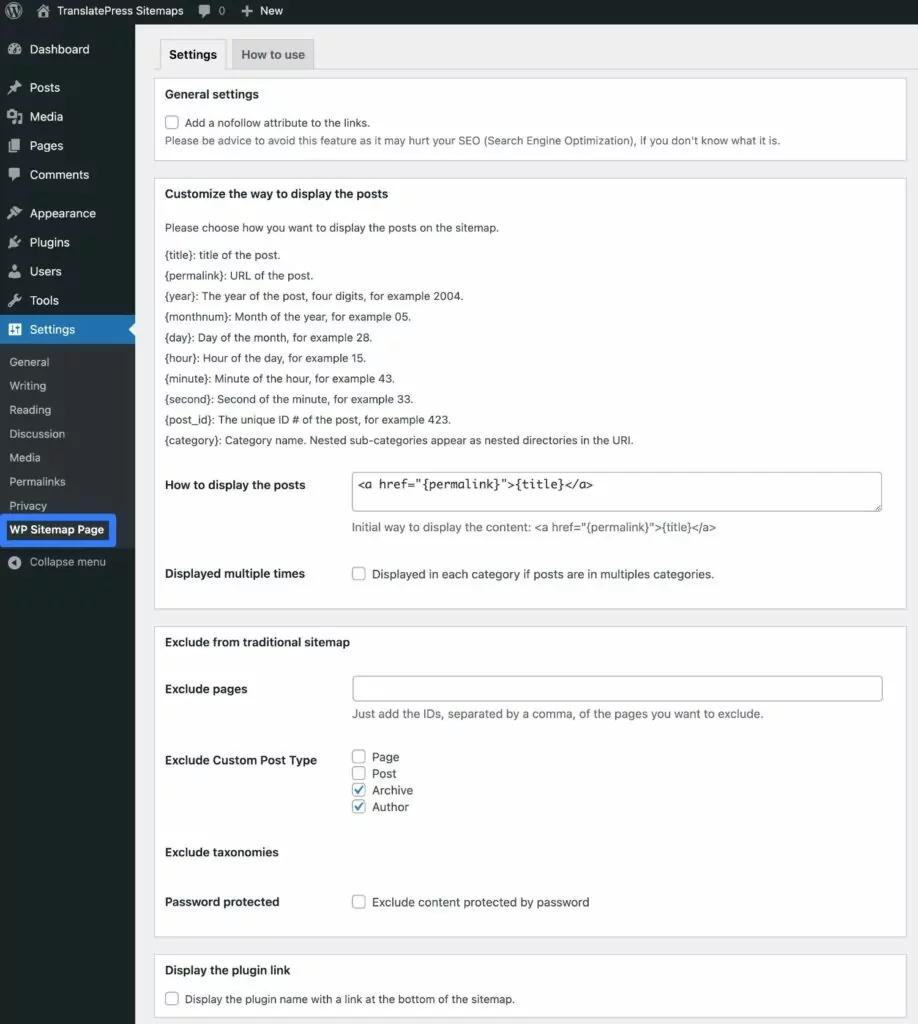 Opzioni della pagina WP Sitemap