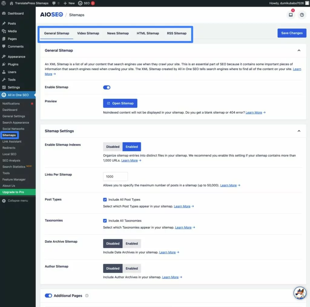 AIOSEO-Sitemap-Optionen