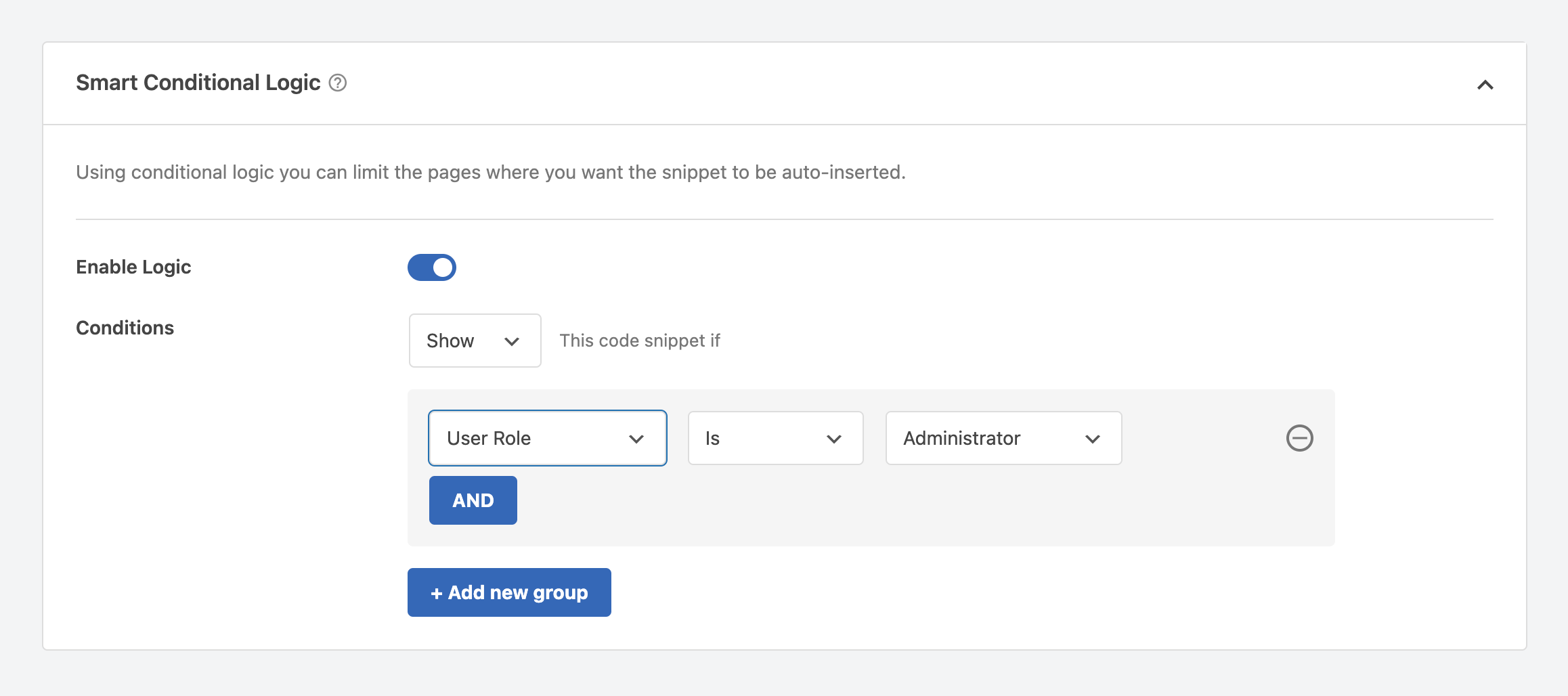 Configurações de lógica de snippet WPCode