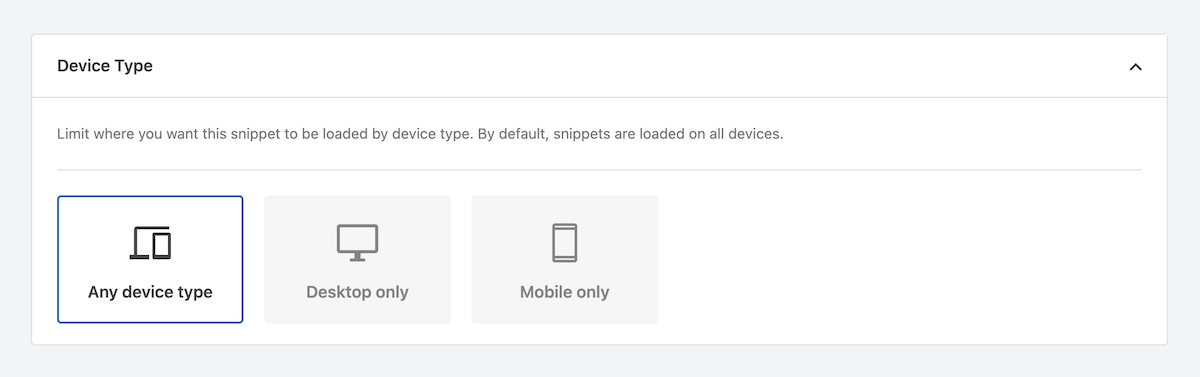 Configuración del tipo de dispositivo del fragmento de WPCode