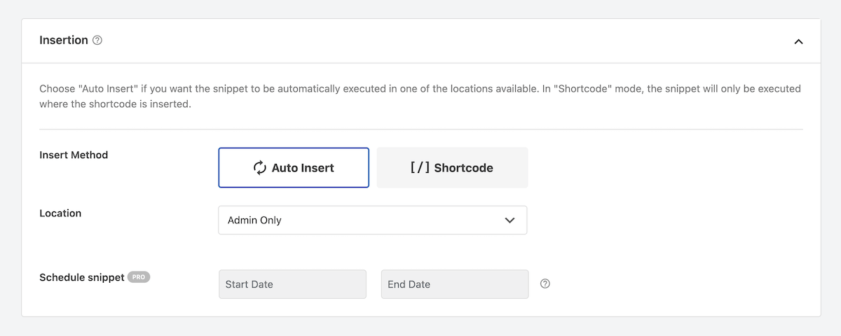 Configurações de inserção de snippet WPCode