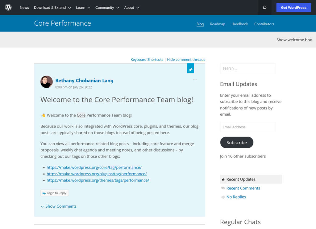 Blog des WordPress Core Performance-Teams über Make WordPress