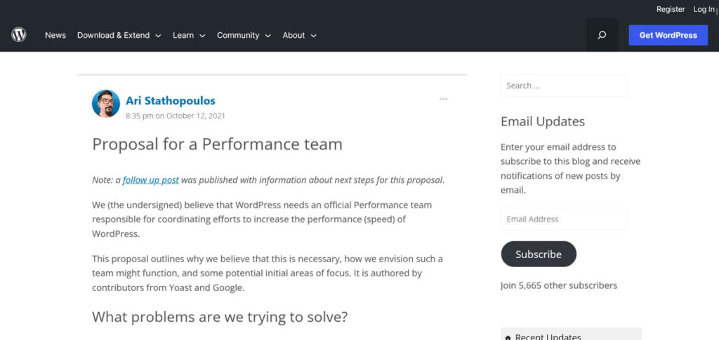 Ursprünglicher Vorschlag des WordPress Core Performance Teams