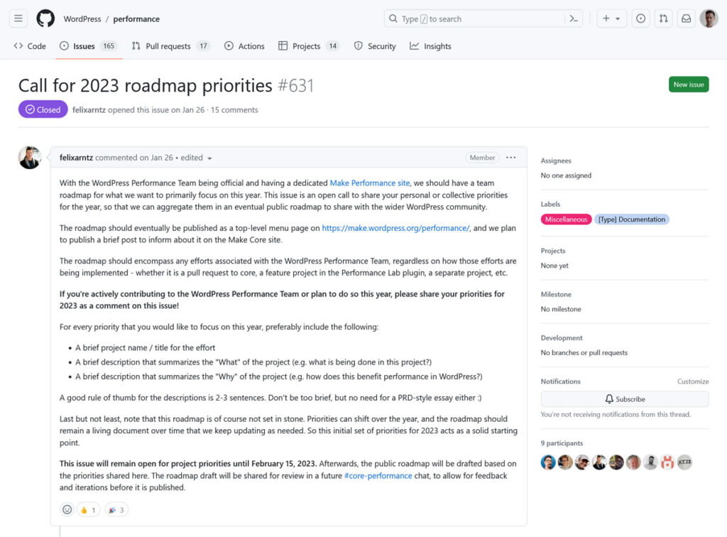 Das WordPress-Kernleistungsteam ruft zu Prioritäten auf GitHub auf