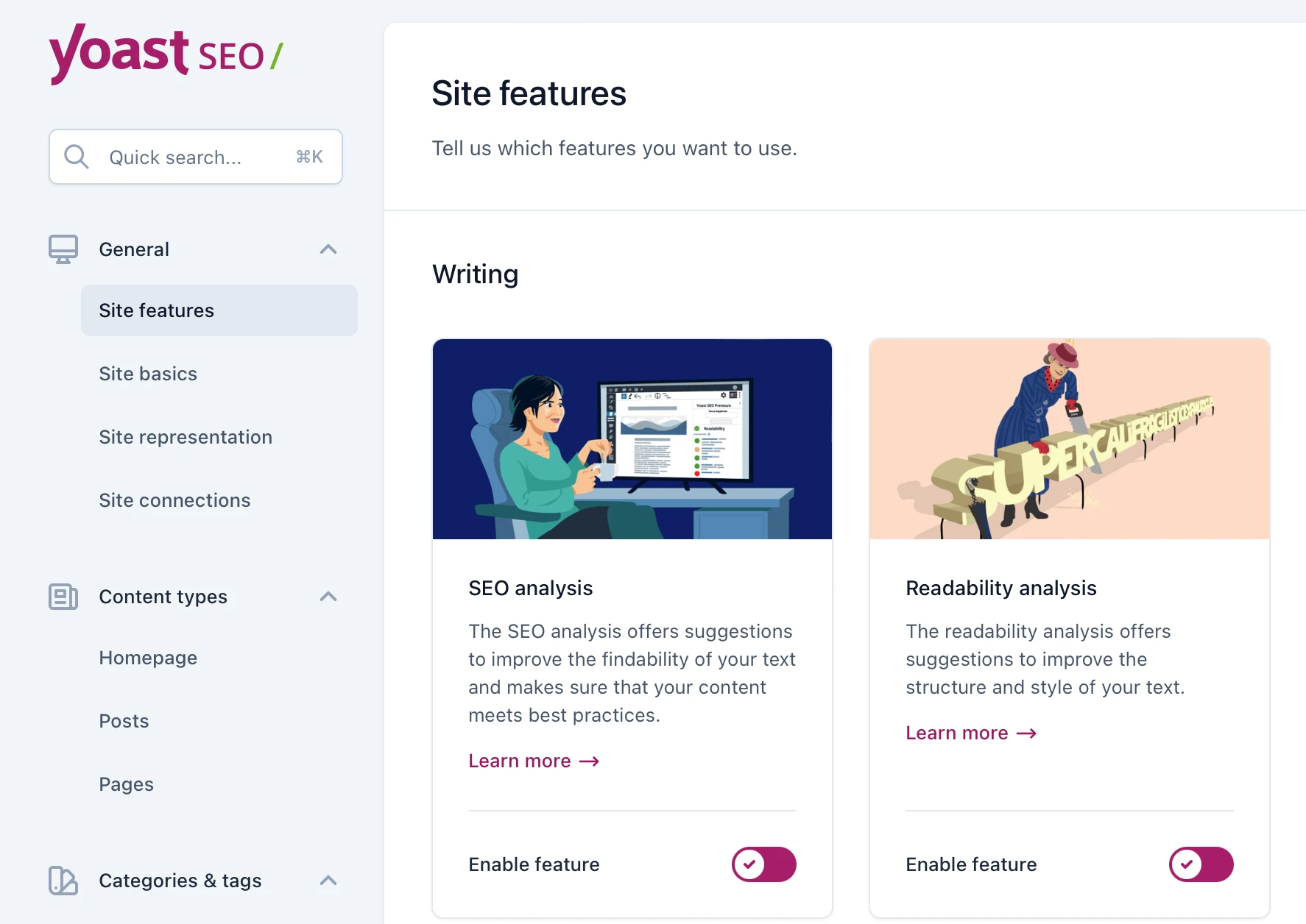 Configurações de SEO do Yoast.