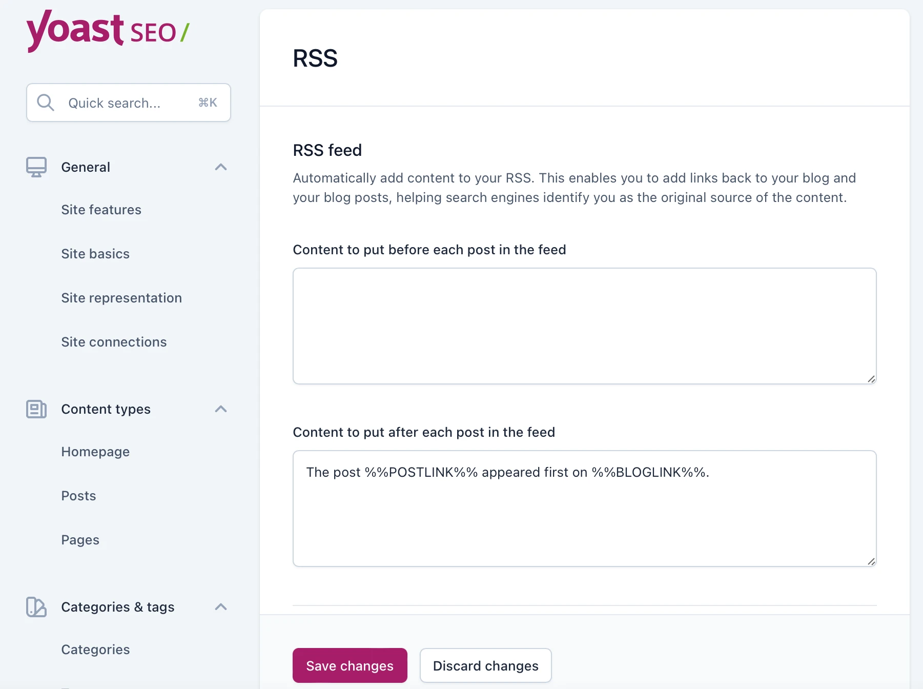 Configuración RSS de Yoast SEO.