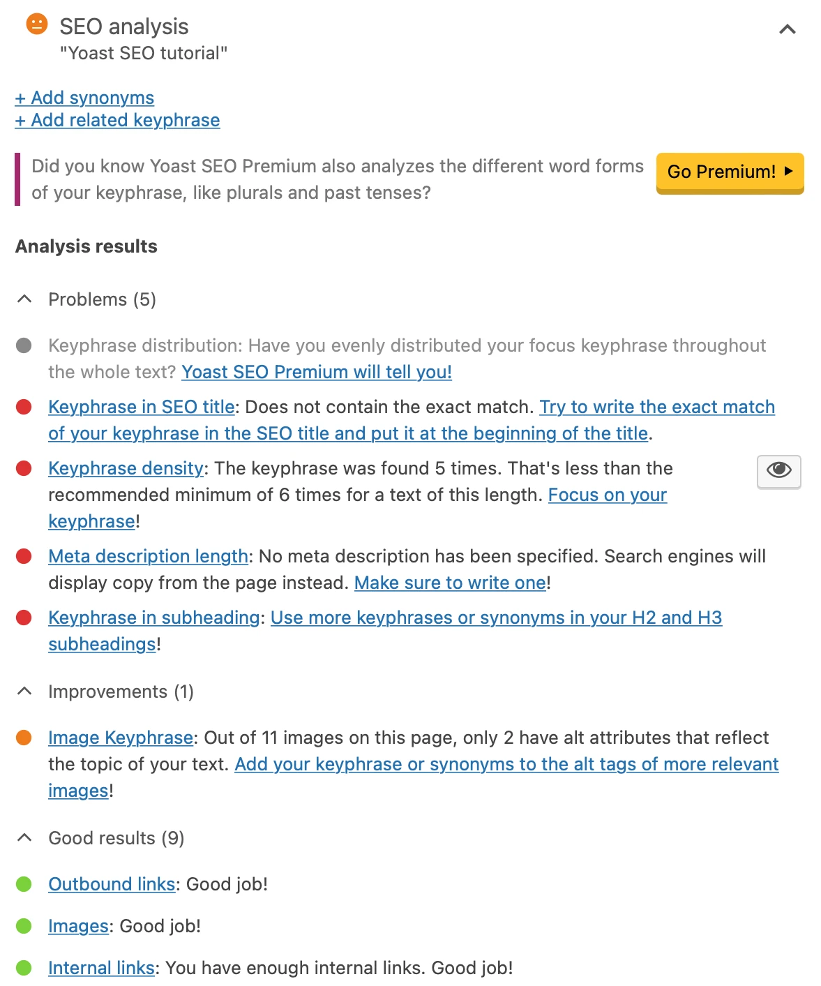 WordPress 편집기 내부 기사에 대한 Yoast SEO 분석.