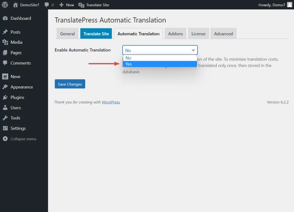 habilitando la traducción automática de Translatepress