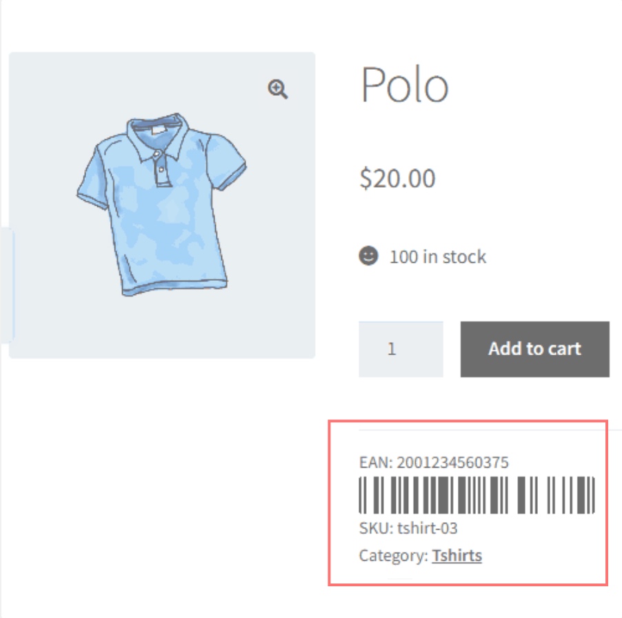 製品ページ: EAN および Barcodes プラグインによって作成されたバーコード付き Polo