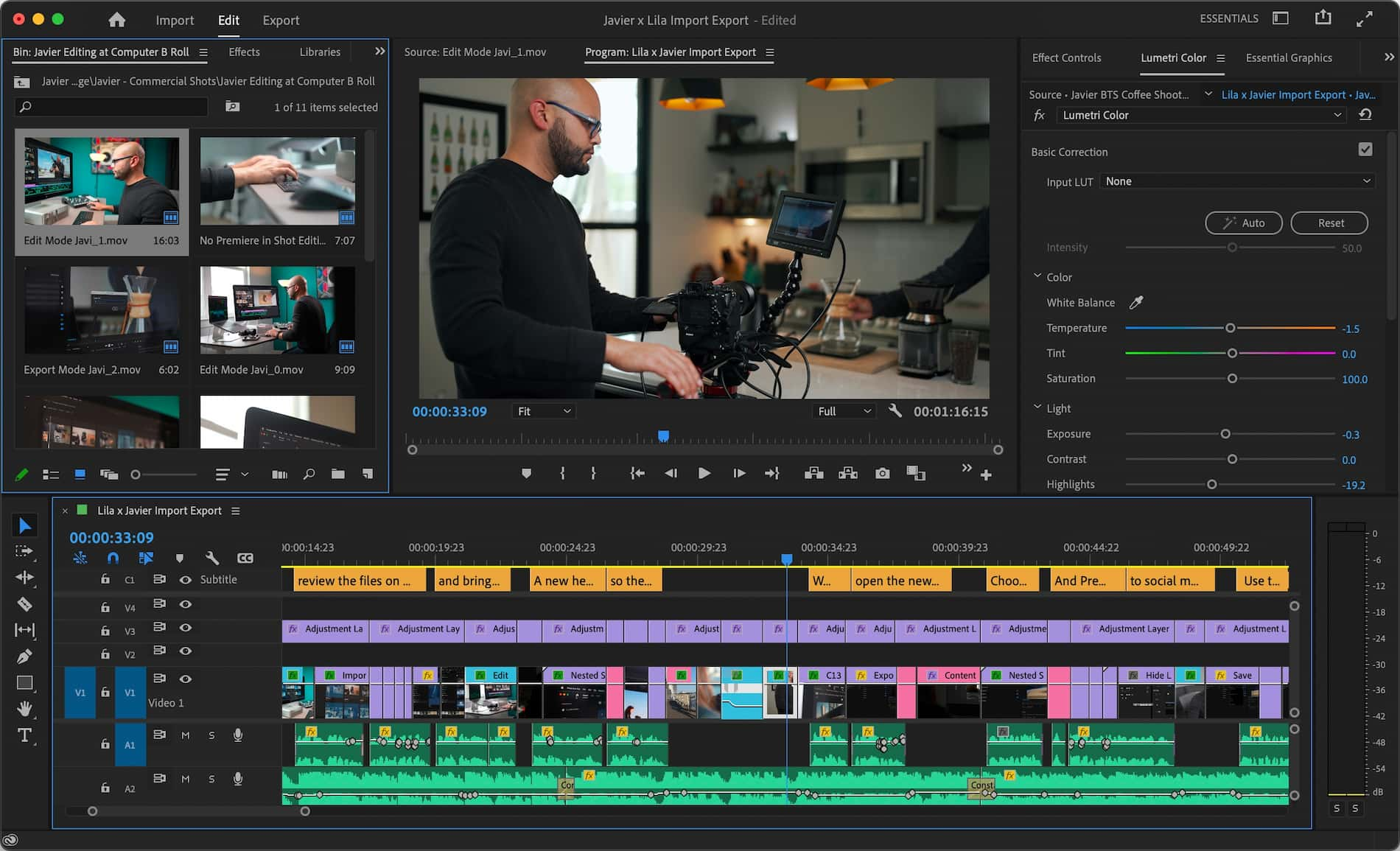 ภาพหน้าจอของอินเทอร์เฟซผู้ใช้ของ Adobe Premiere Pro