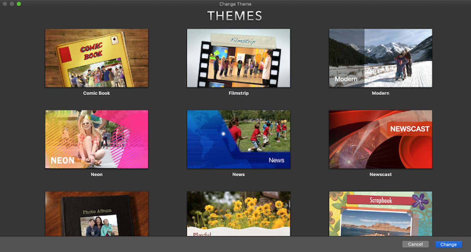 ภาพหน้าจอของธีมที่สร้างไว้ล่วงหน้าของ iMovie