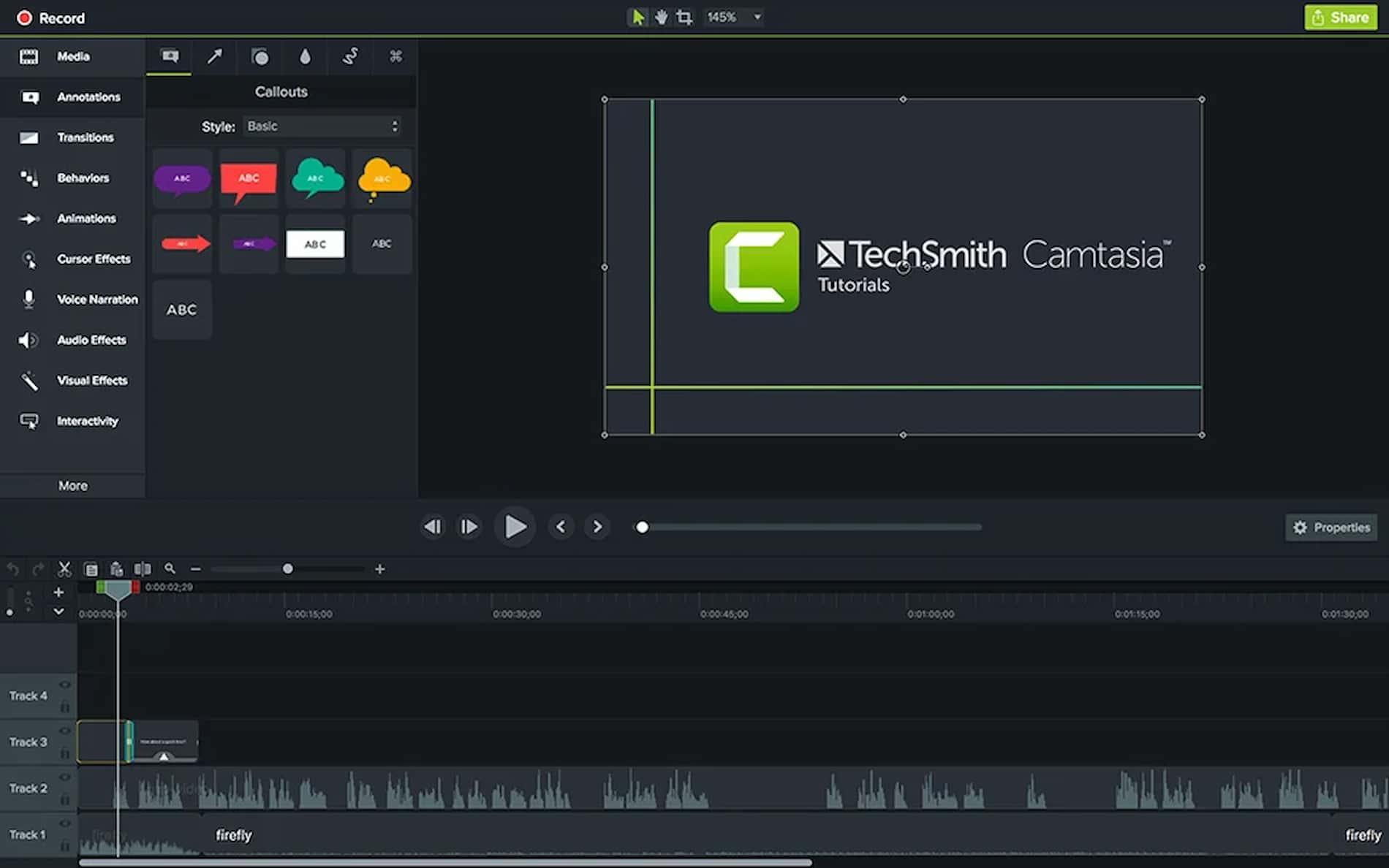 Camtasia 用户界面的屏幕截图