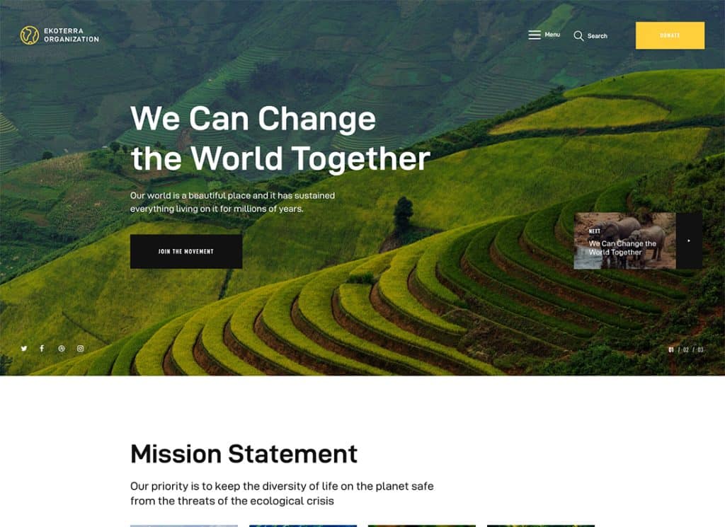 Ekoterra - 社会活動、非営利、エコロジーの WordPress テーマ