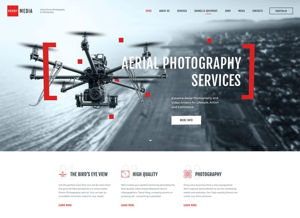 Drone Media - Tema de WordPress para fotografía y videografía aérea