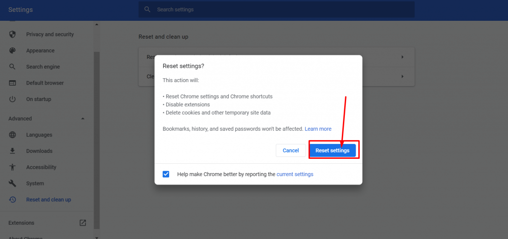 Reset Chrome settings