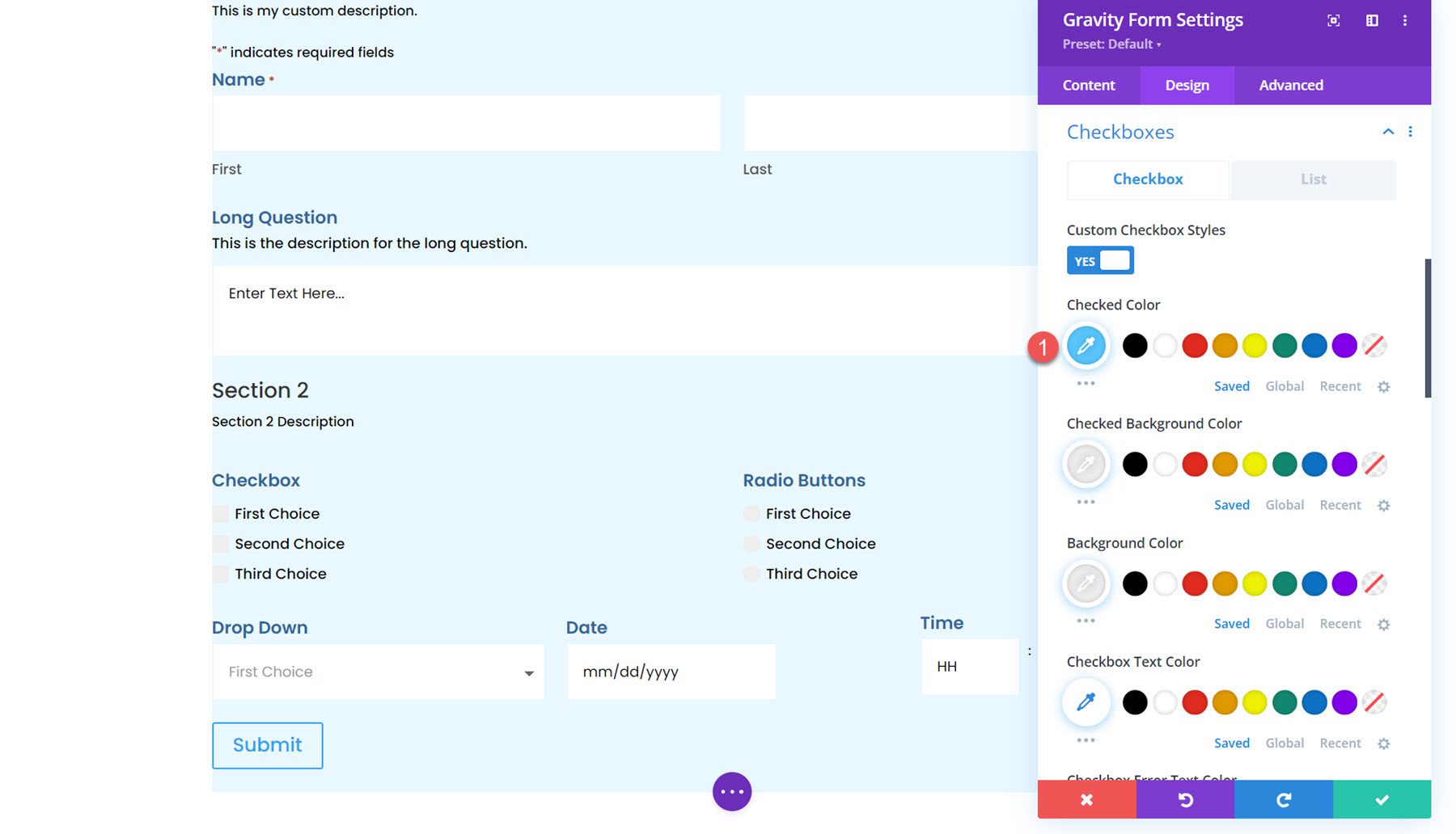 Módulo Gravity Forms Styler para casillas de verificación Divi