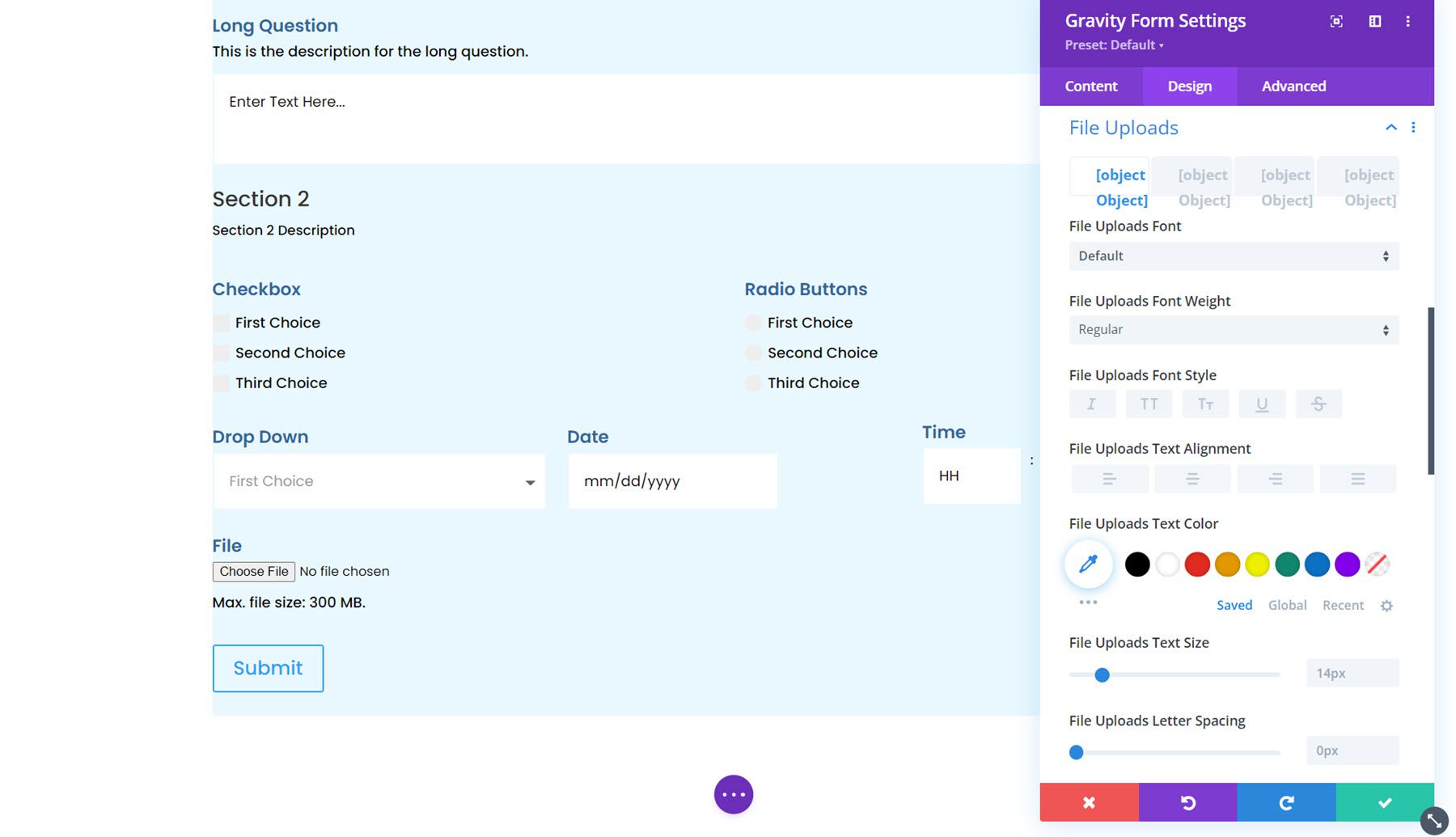 Modulo Gravity Forms Styler per il caricamento di file Divi