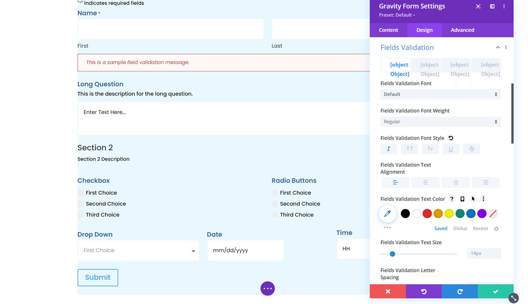 Módulo Gravity Forms Styler para validación de campos Divi