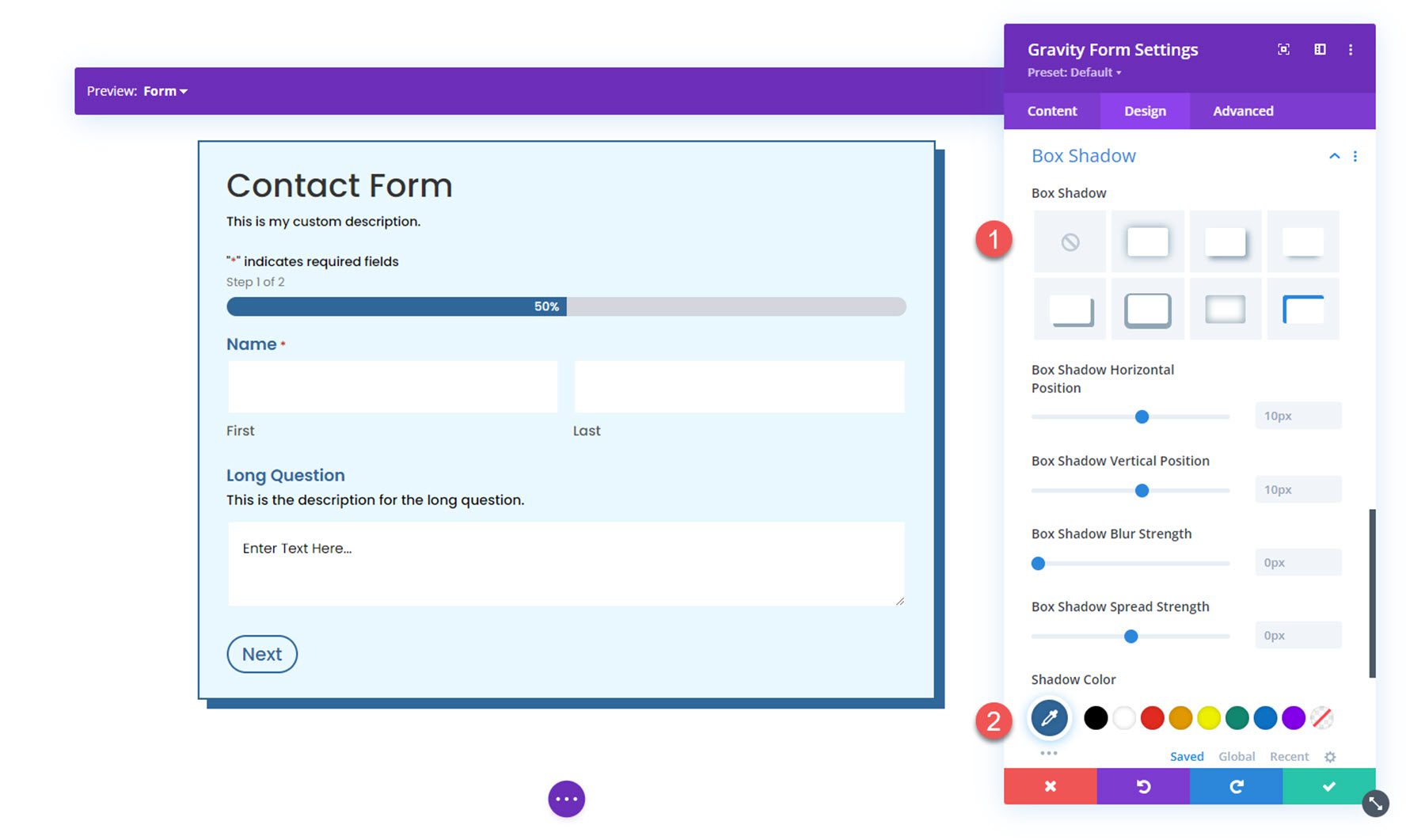 Módulo Gravity Forms Styler para Divi Box Shadow