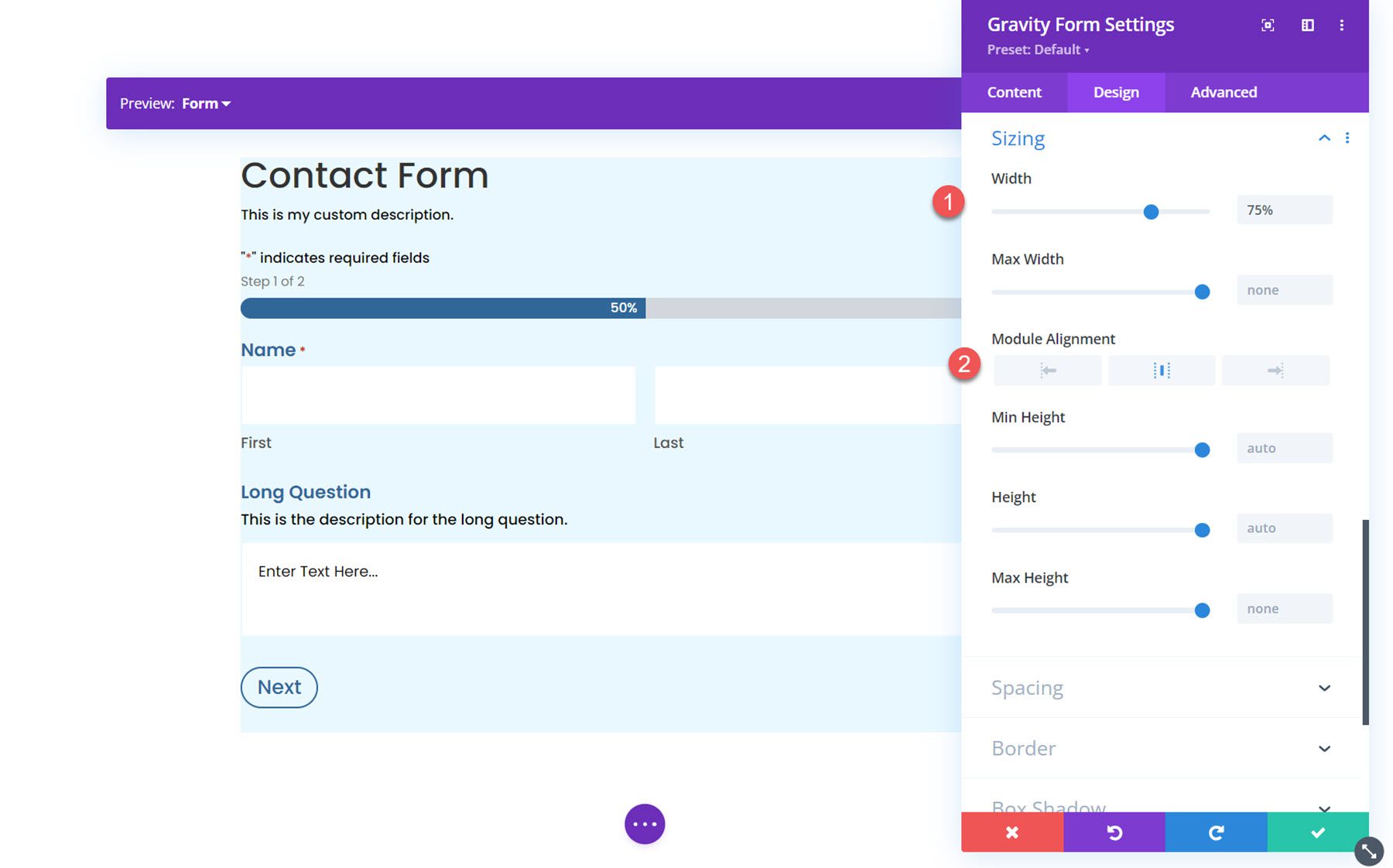 Módulo Gravity Forms Styler para Divi Sizing